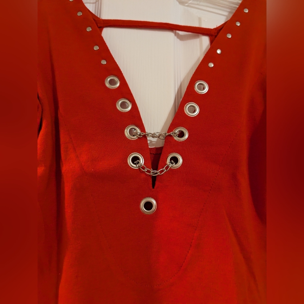 Red Cotton - Chrome Grommets & ⛓️‍💥 Long Sleeve Top - Picture 2 of 13
